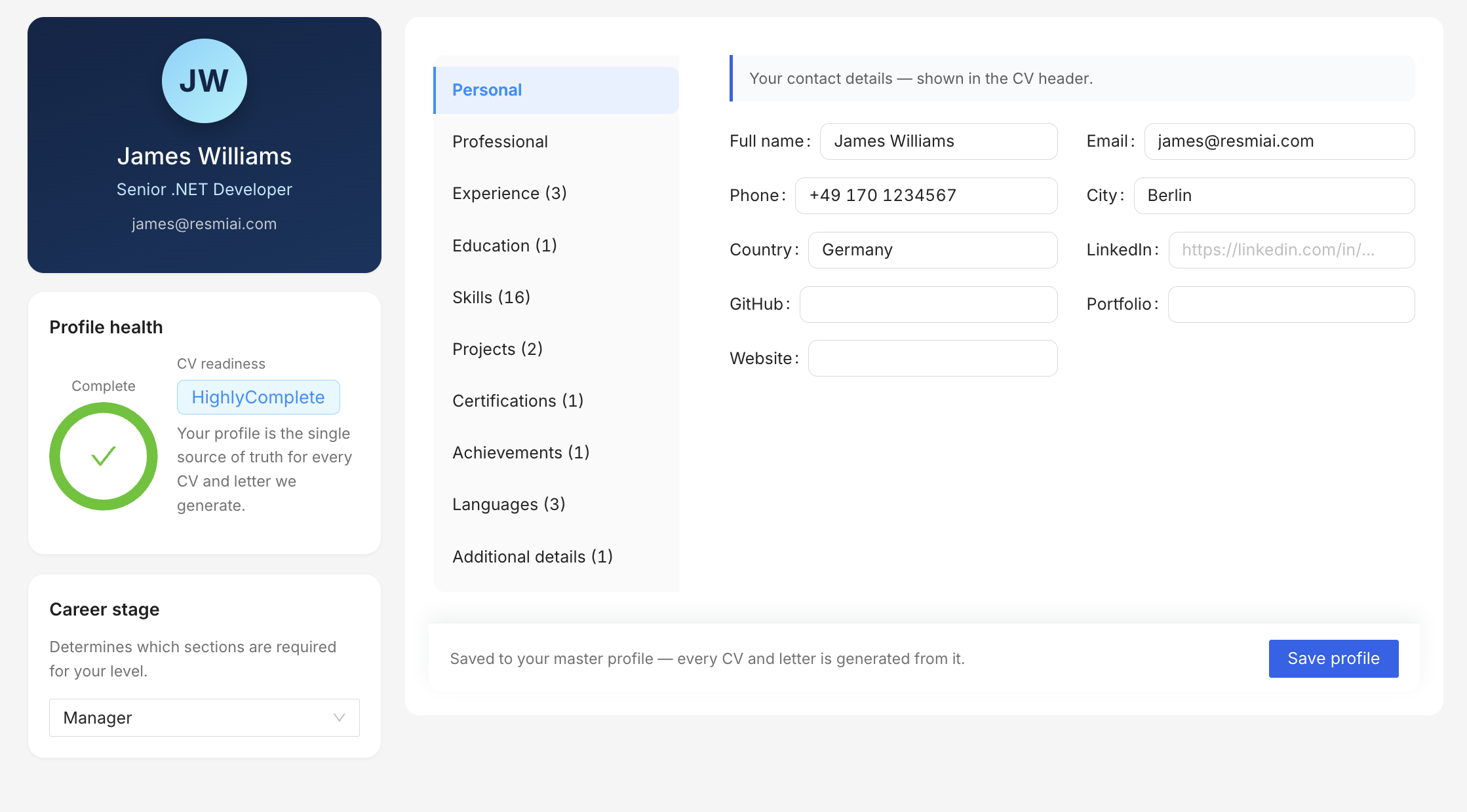 Step 1: ResmiAI profile setup screen with personal details and work experience filled in