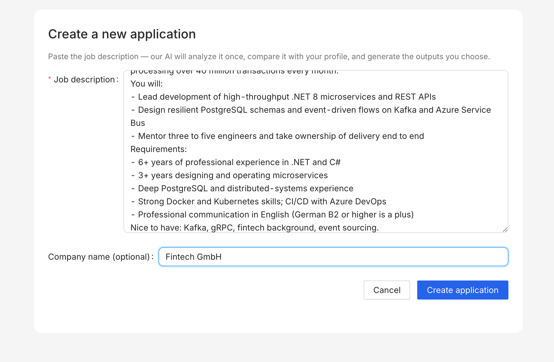 Step 2: pasting a raw job description into ResmiAI with skills being auto-analyzed and a match score