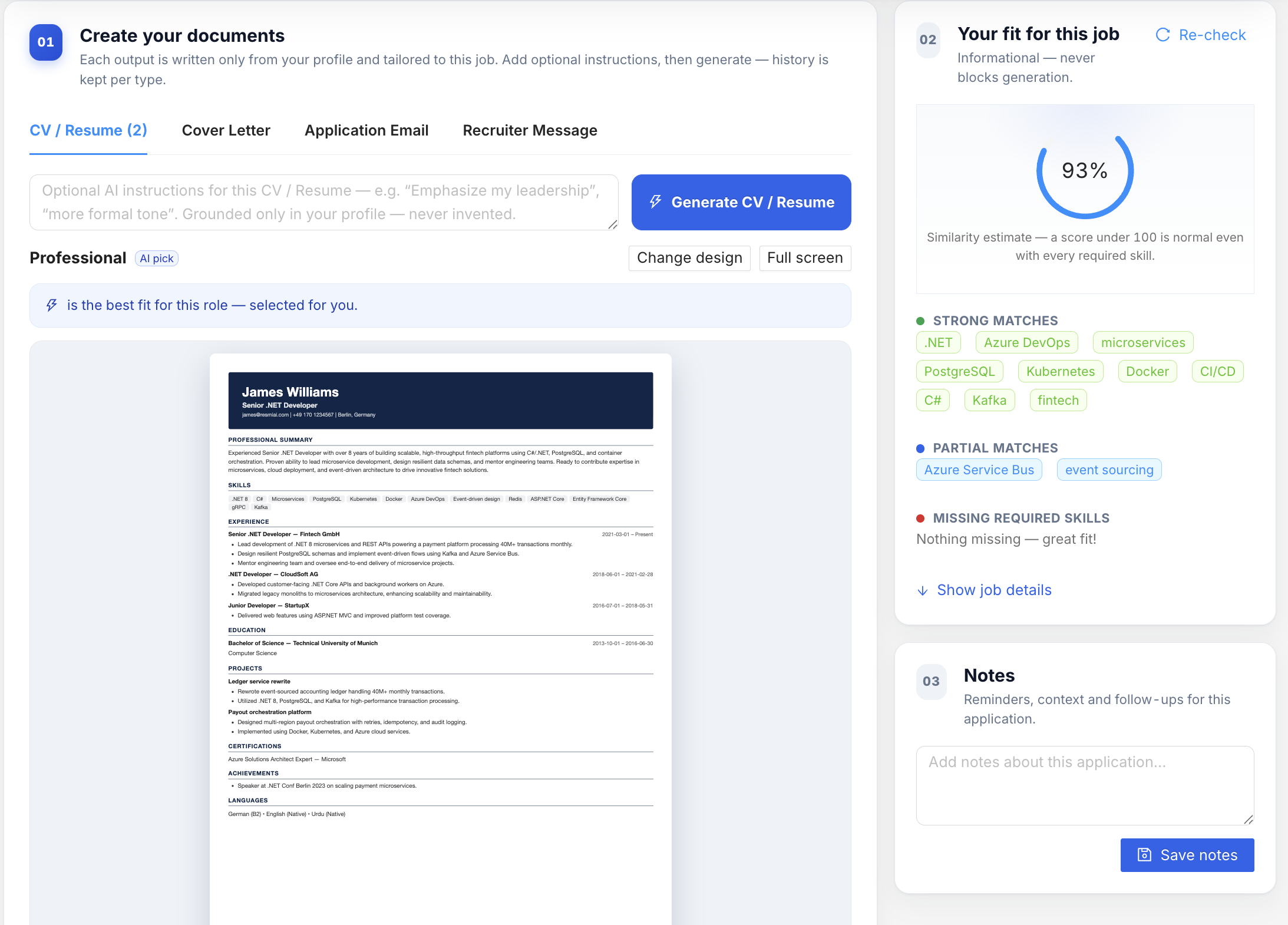 Step 3: generated CV in ResmiAI with fact-check and ATS validation, ready to download
