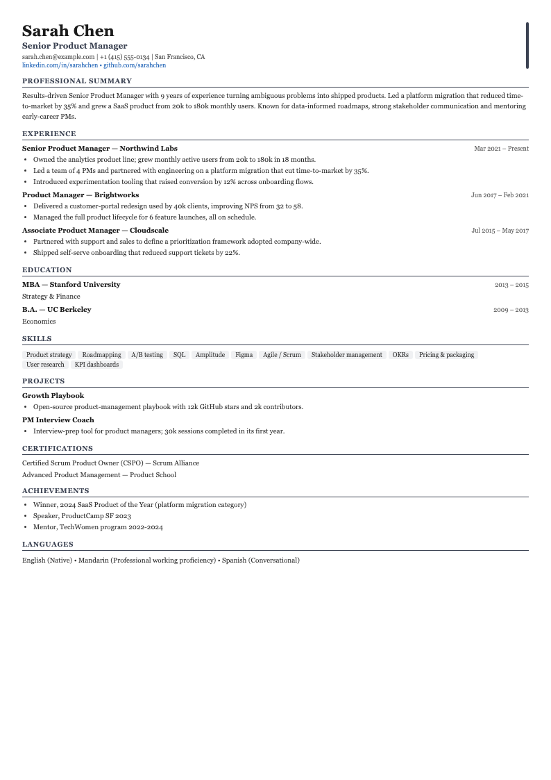 Classic CV template — preview
